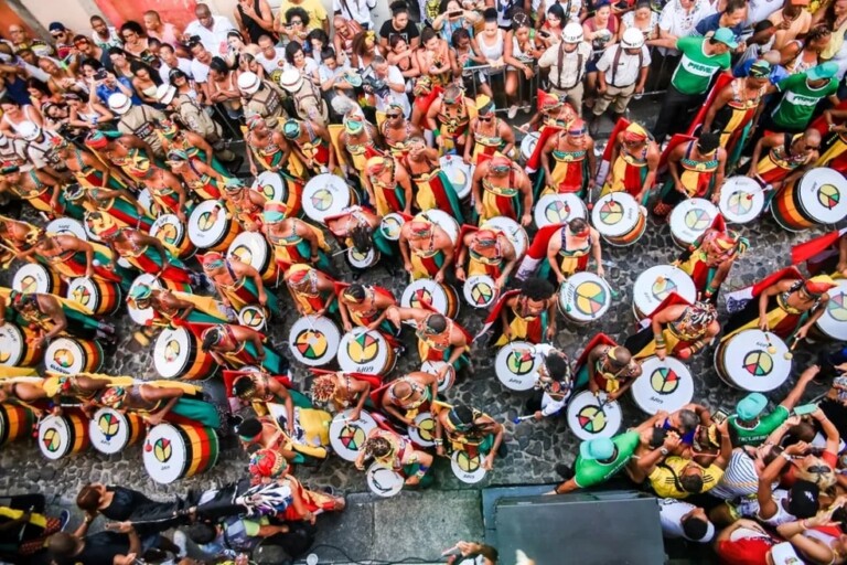 Olodum percussion group performing traditional Bahian rhythms in Salvador
