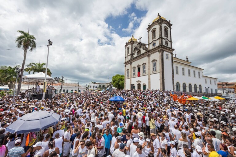 Senhor do Bonfim church during Lavagem do Bonfim parade with millions of participants