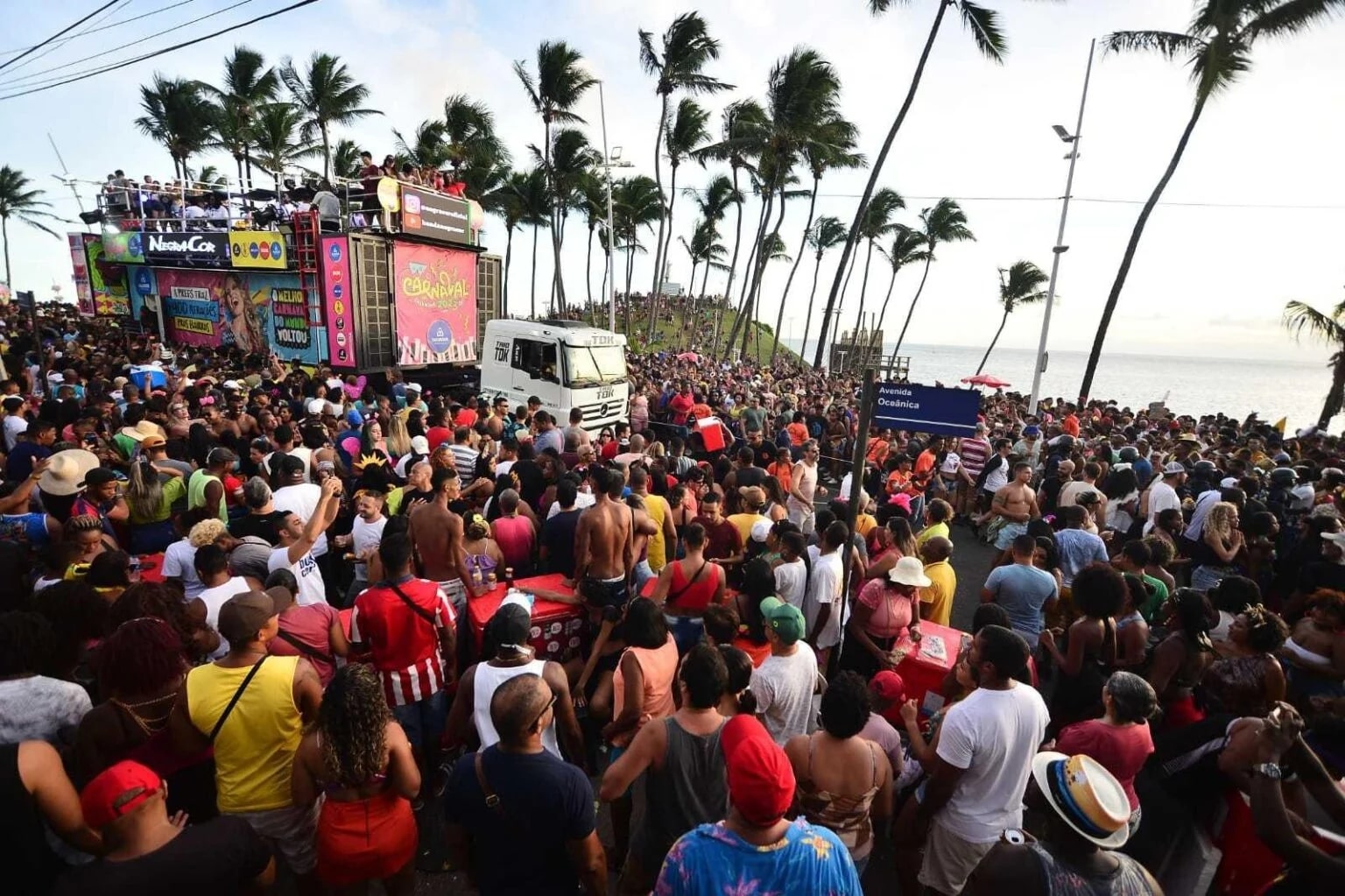 Carnival in Salvador — a trio elétrico and street crowd under the palms of Avenida Oceânica